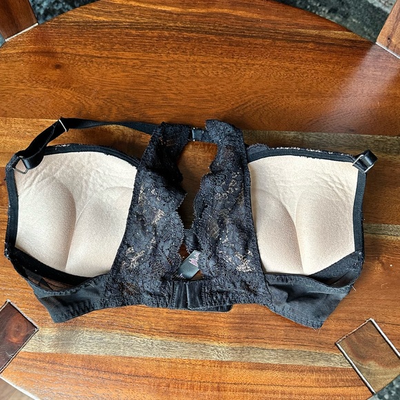Victoria's Secret Bombshell Plunge Bra Black Leather Lace High Back Razorback - Picture 3 of 9
